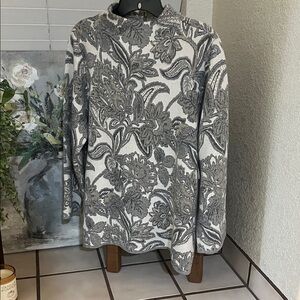 Chico's Jacobean Print Mock Sweater in grey, cream with hints of gold shimmer.